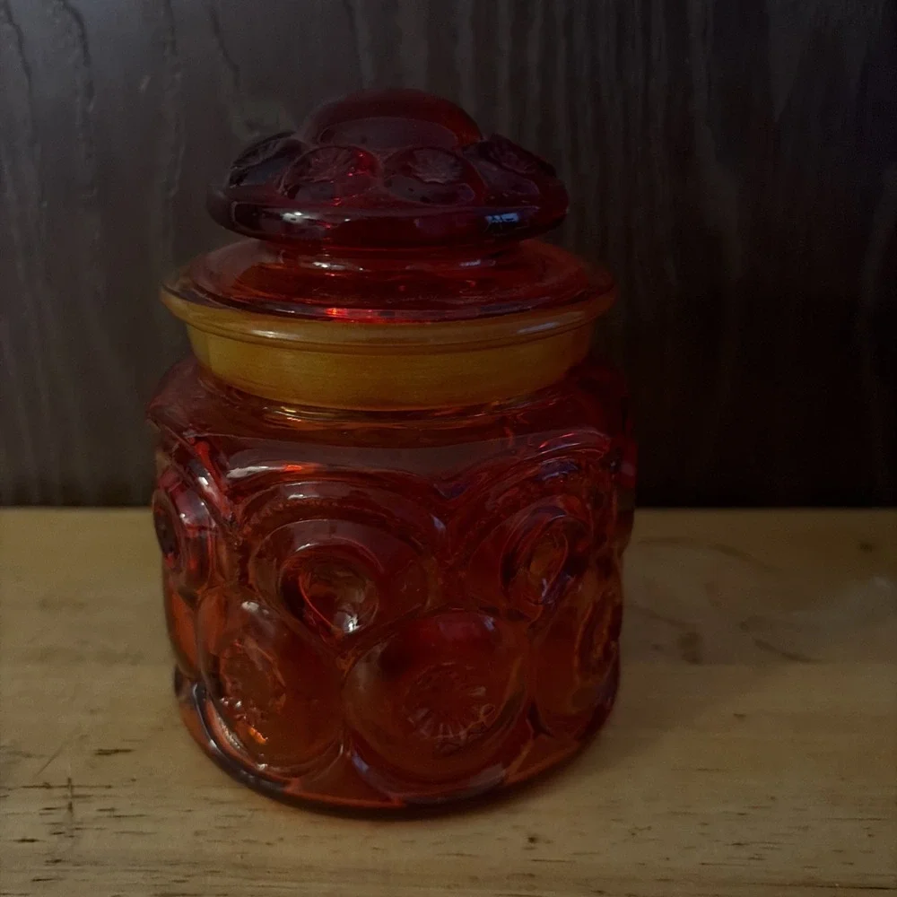 Vintage LE Smith Amberina Moon And Star Canister Lidded Glass Jar 5 In